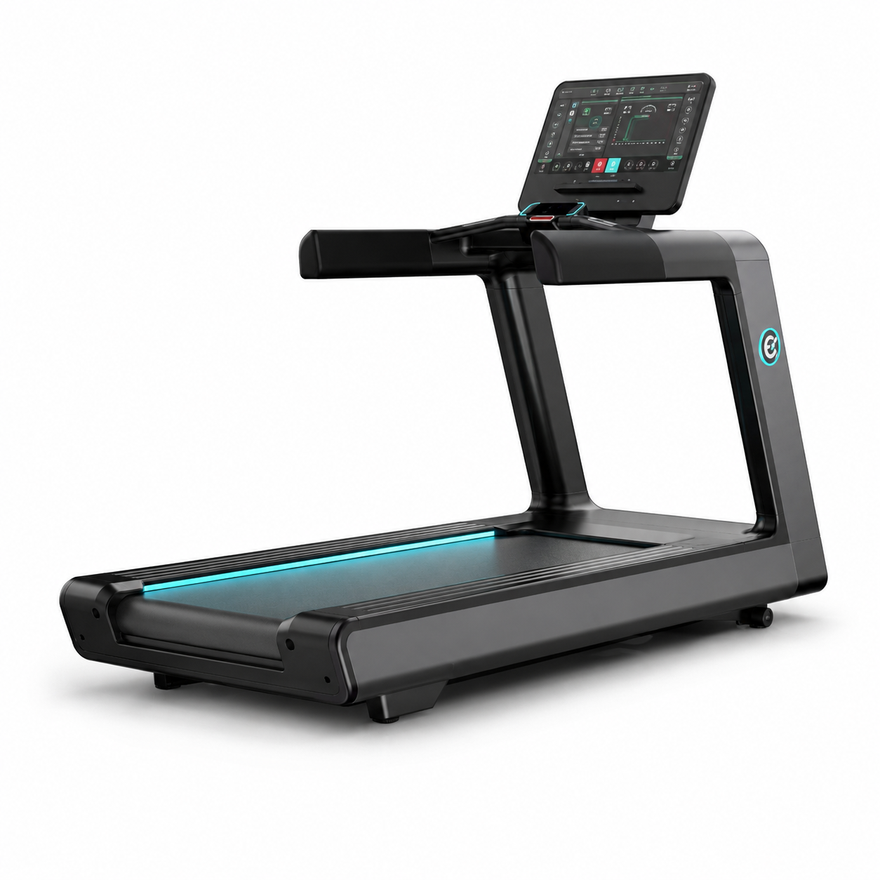 Premium black and gray commercial treadmill with large touchscreen and illuminated running deck