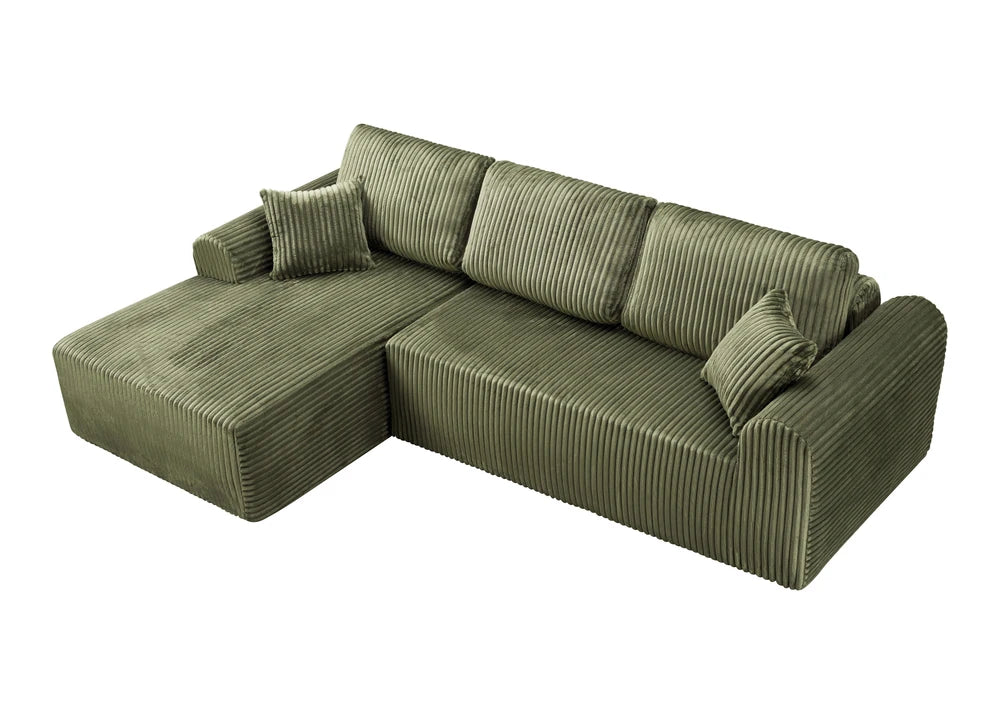 Angled view of the green modular corduroy sectional with deep seats