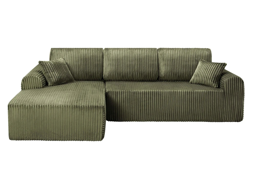 Front view of the WillowCloud green corduroy sectional sofa with chaise