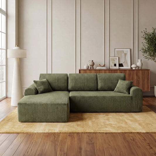 WillowCloud 109-inch green corduroy modular sectional sofa in a modern living room