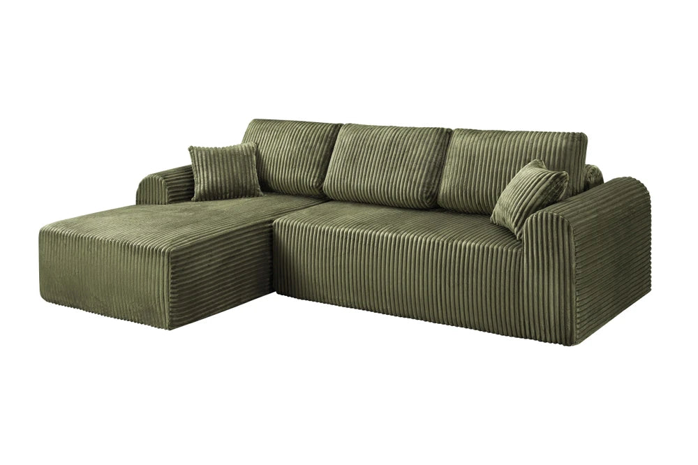 Full angled view of the green L-shaped corduroy sectional sofa