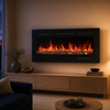 50-inch wall-mounted electric fireplace glowing in a HeronCroft living room at dusk