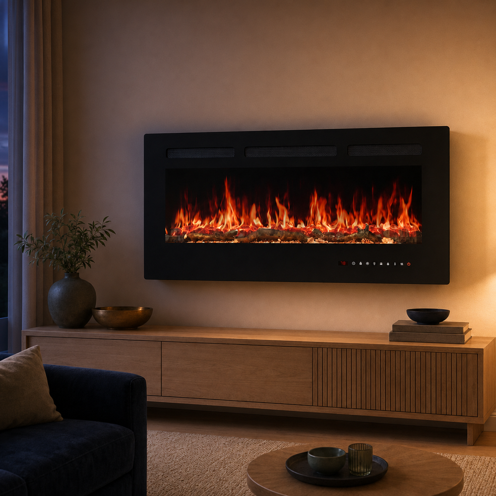 50-inch wall-mounted electric fireplace glowing in a HeronCroft living room at dusk