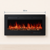 Width graphic showing the wall-mounted electric fireplace measures 50 inches