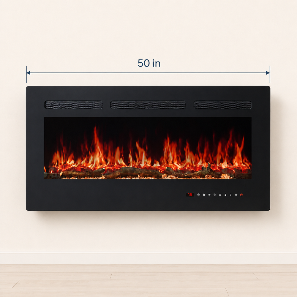 Width graphic showing the wall-mounted electric fireplace measures 50 inches