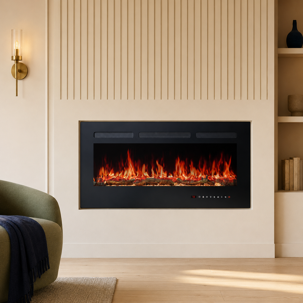 50-inch recessed electric fireplace heater in a soft cream feature wall