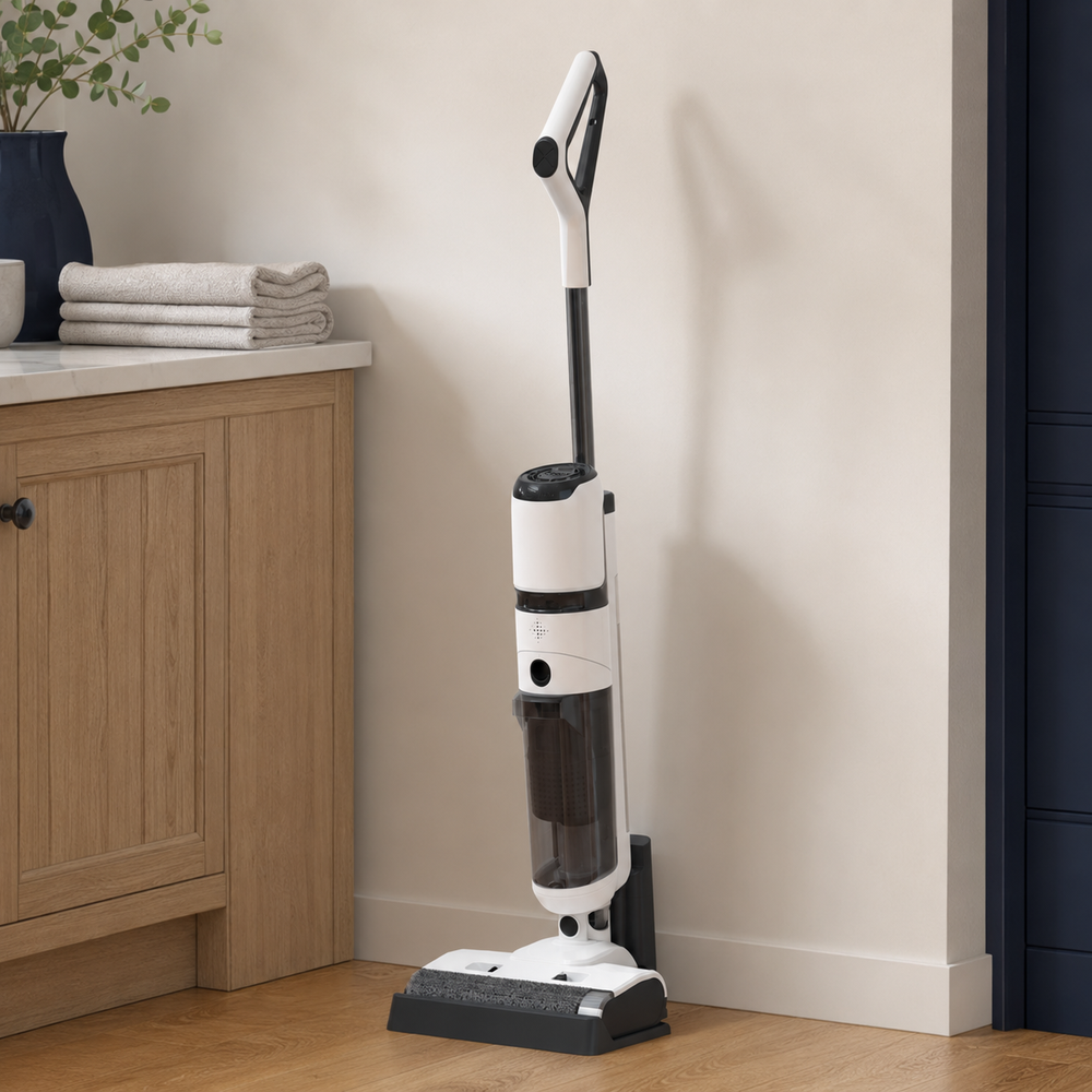 AquaGlide wet dry vacuum stored in its self-cleaning charging dock