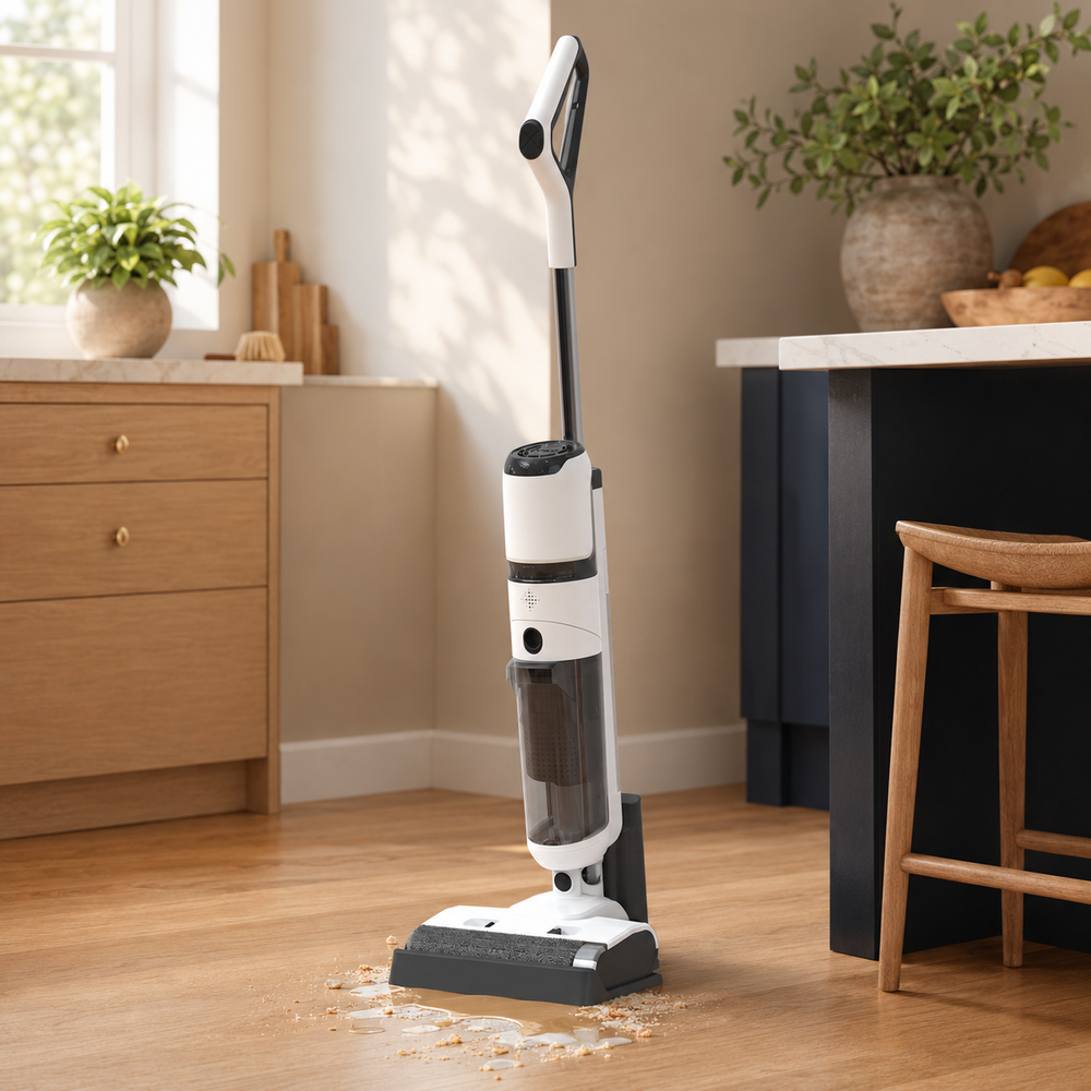 Cordless wet dry vacuum cleaning crumbs and a liquid spill on a kitchen floor