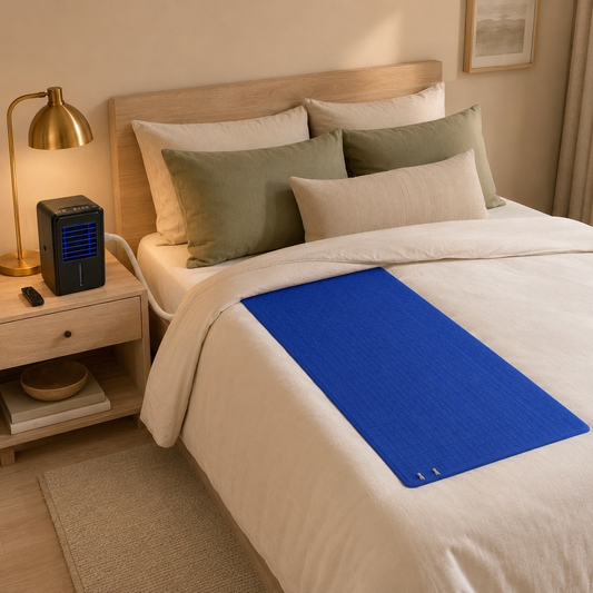Water-circulating bed cooling system with blue mattress pad and bedside control unit