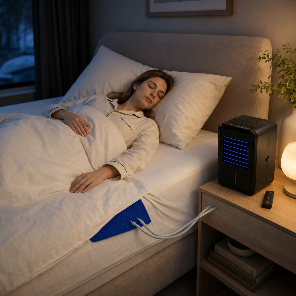 Sleeper using a water-circulating bed cooling pad with remote bedside unit