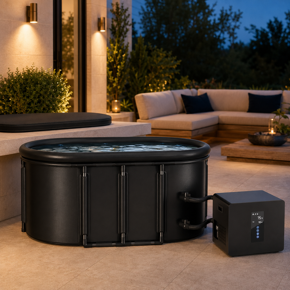 Cold plunge tub and chiller on an evening wellness patio