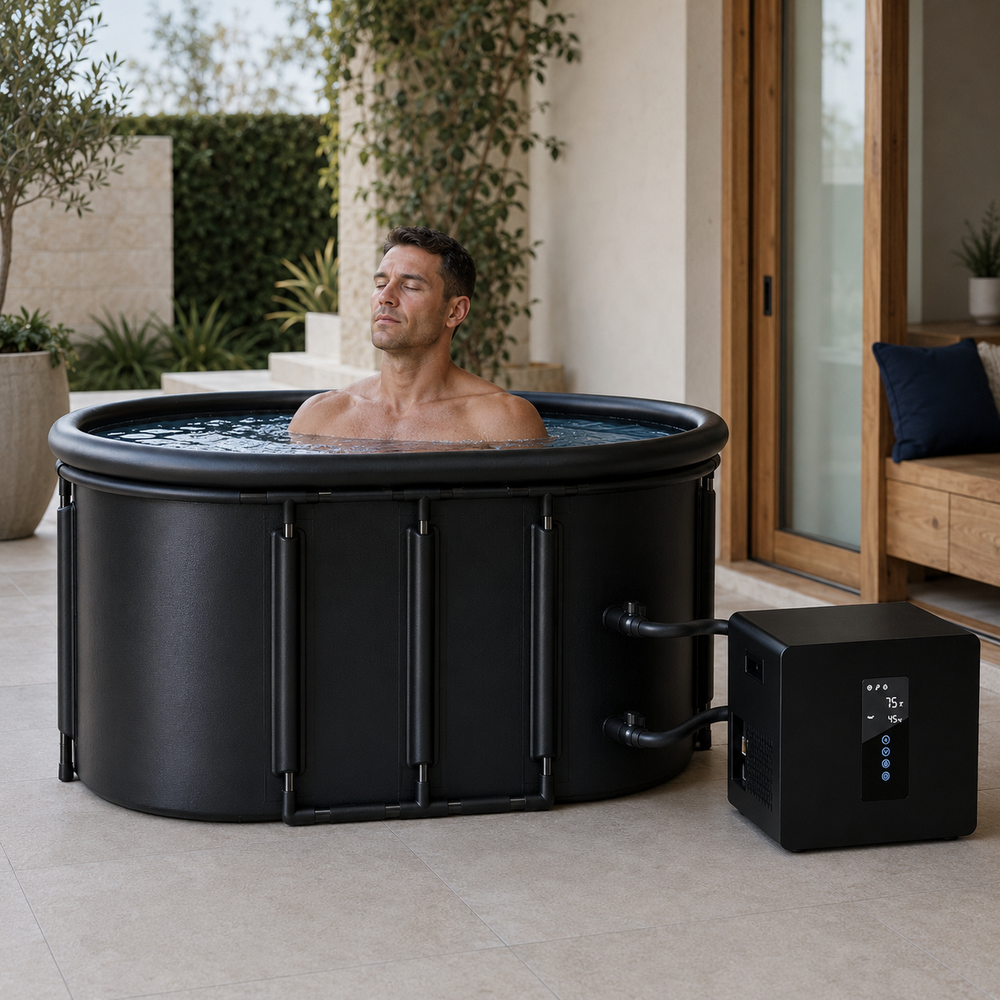 Cold plunge tub and chiller used for a morning recovery session