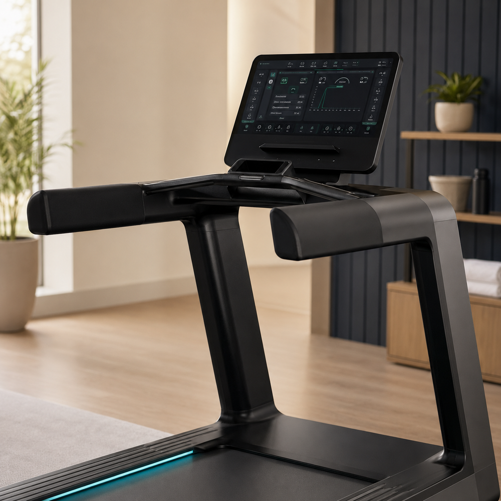 Touchscreen console and handrails on an incline treadmill
