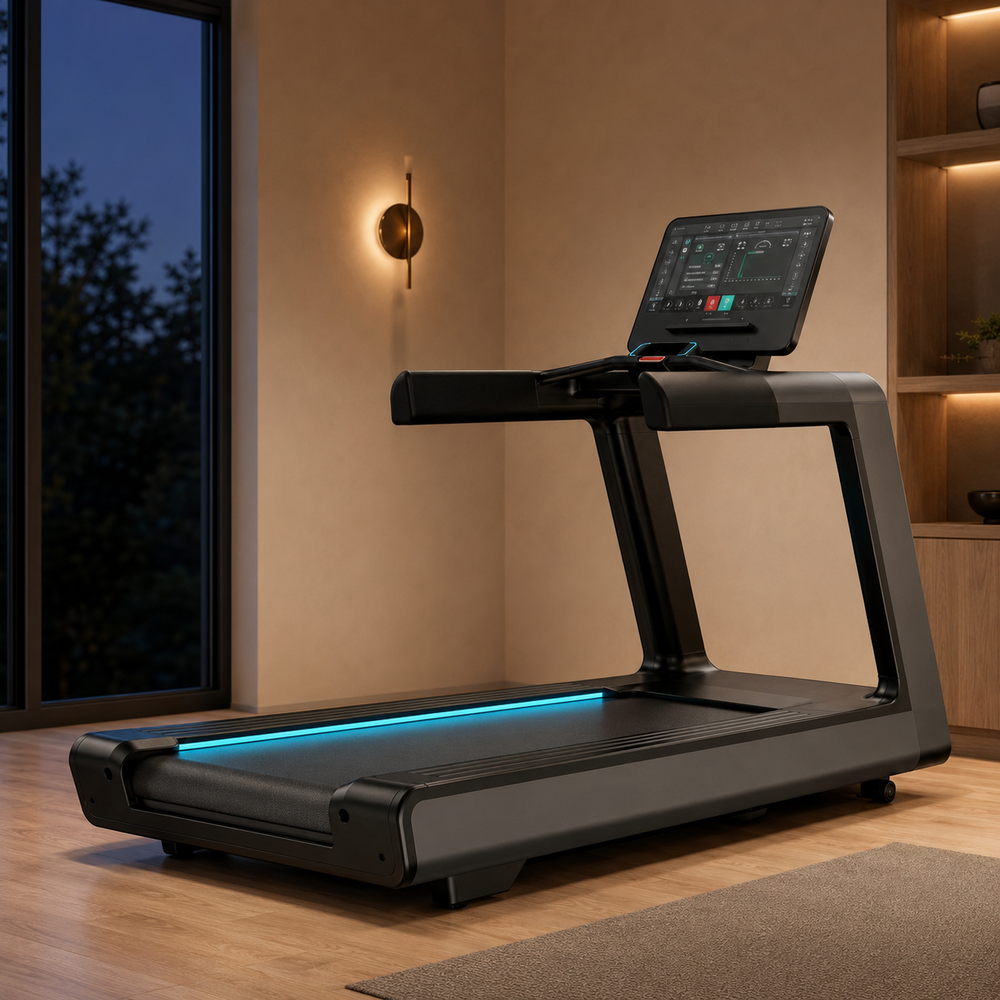 Wide-deck touchscreen treadmill in an evening home gym