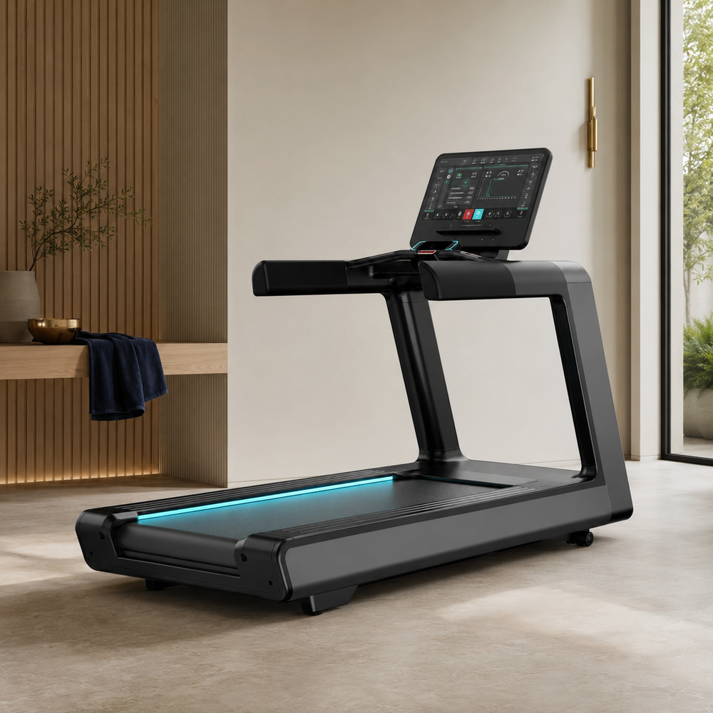 Commercial-grade incline treadmill in a refined home gym