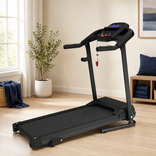 Compact folding treadmill in a refined home workout room
