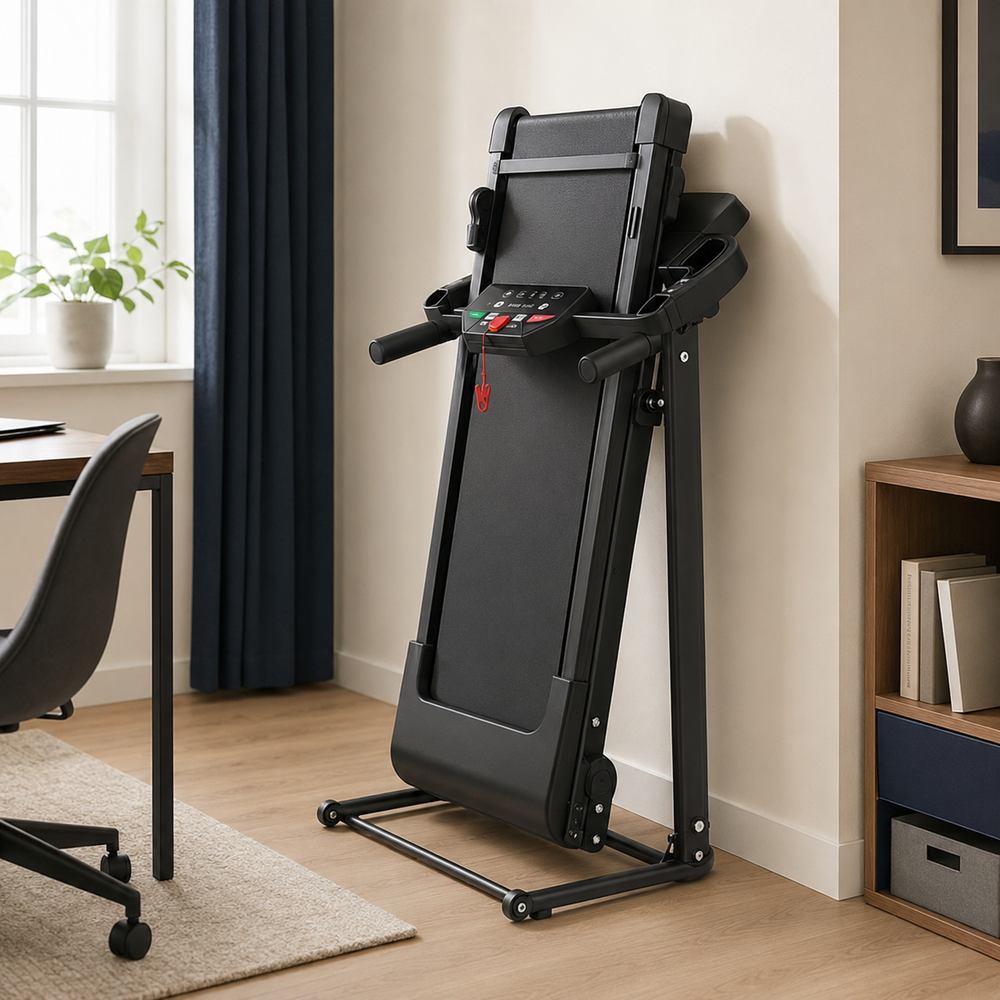 Compact treadmill folded upright for easy home storage