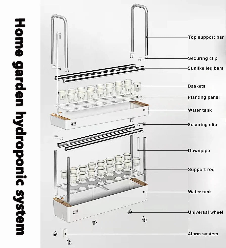 Exploded component view of the four-tier 120-pod hydroponic growing system