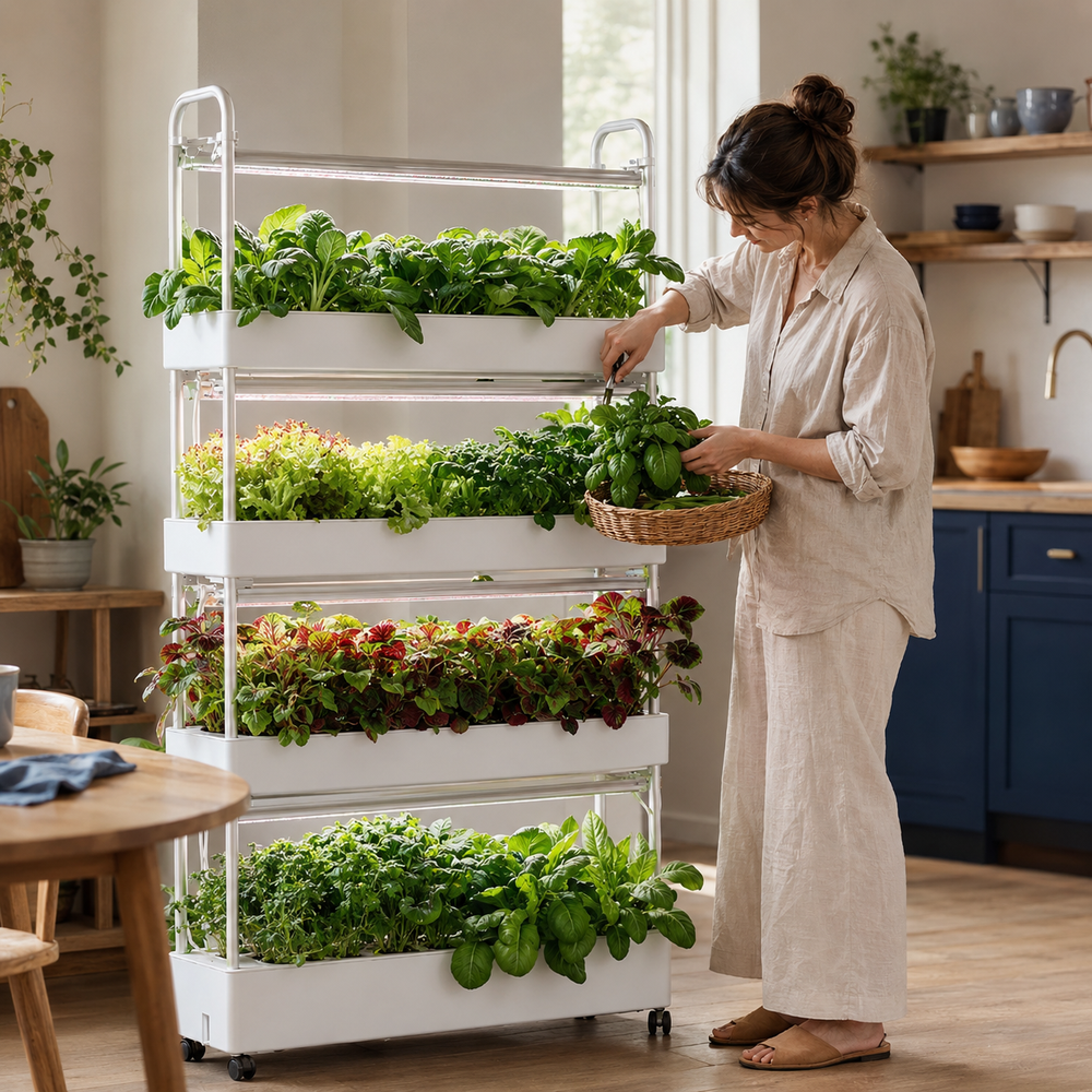 Home gardener harvesting fresh basil from a four-tier hydroponic garden