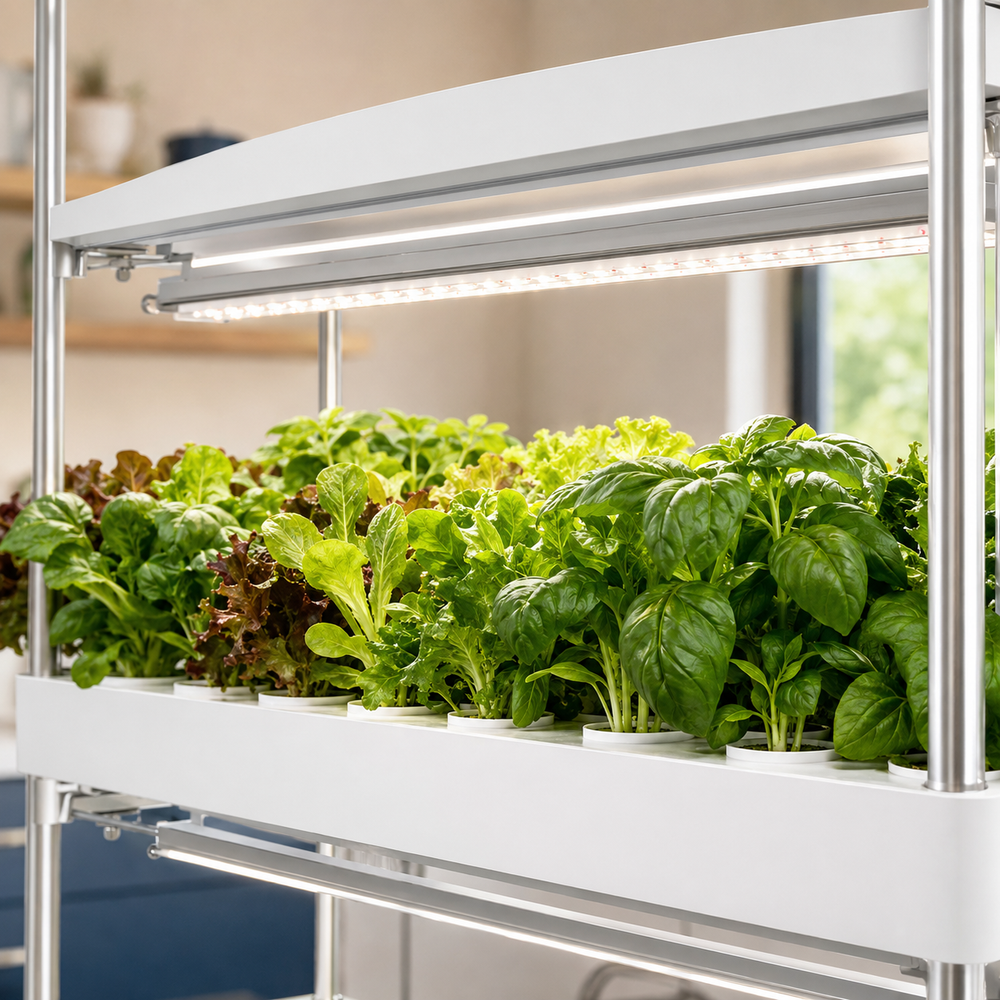 Full-spectrum LED grow light and fresh herbs in a hydroponic growing tray