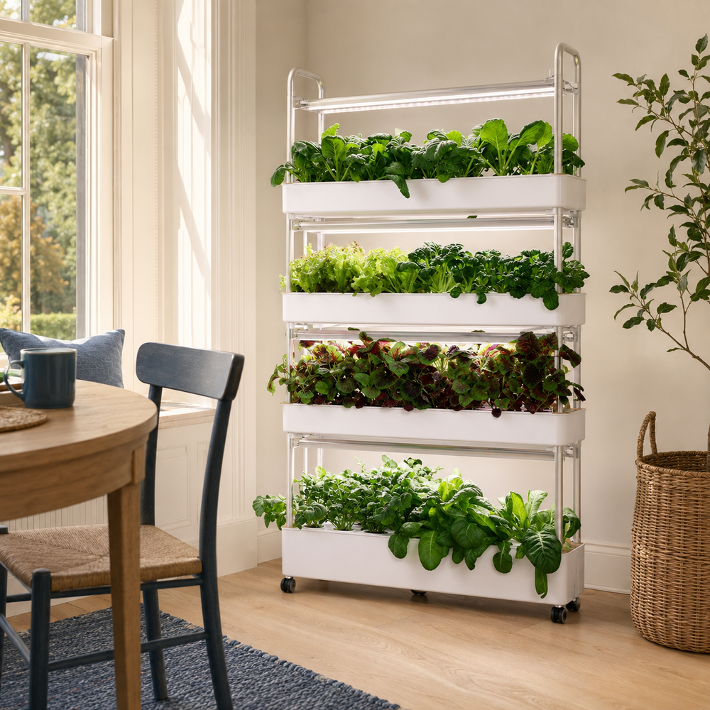 Space-saving four-tier indoor hydroponic garden in a bright breakfast nook