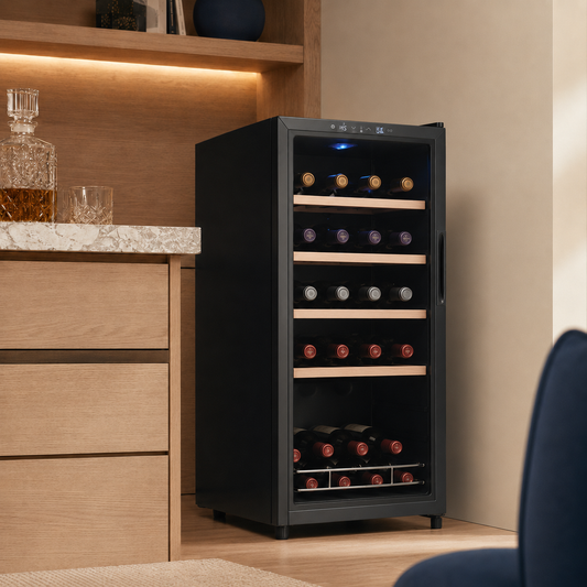 Slim black 20-bottle dual-zone wine refrigerator in a warm oak home bar