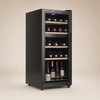 Black 20-bottle wine cooler with glass door and wood shelves