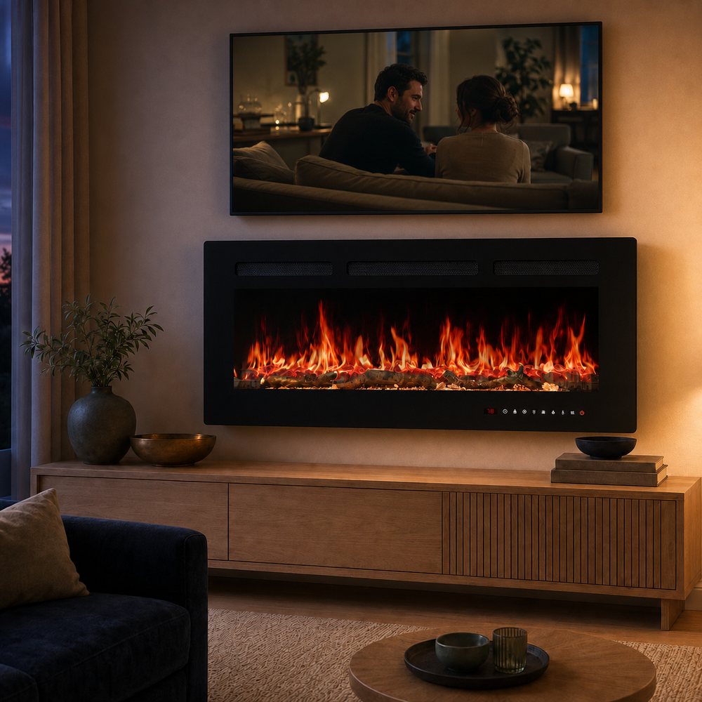 42-inch wall-mounted electric fireplace beneath a TV in a warm living room at dusk