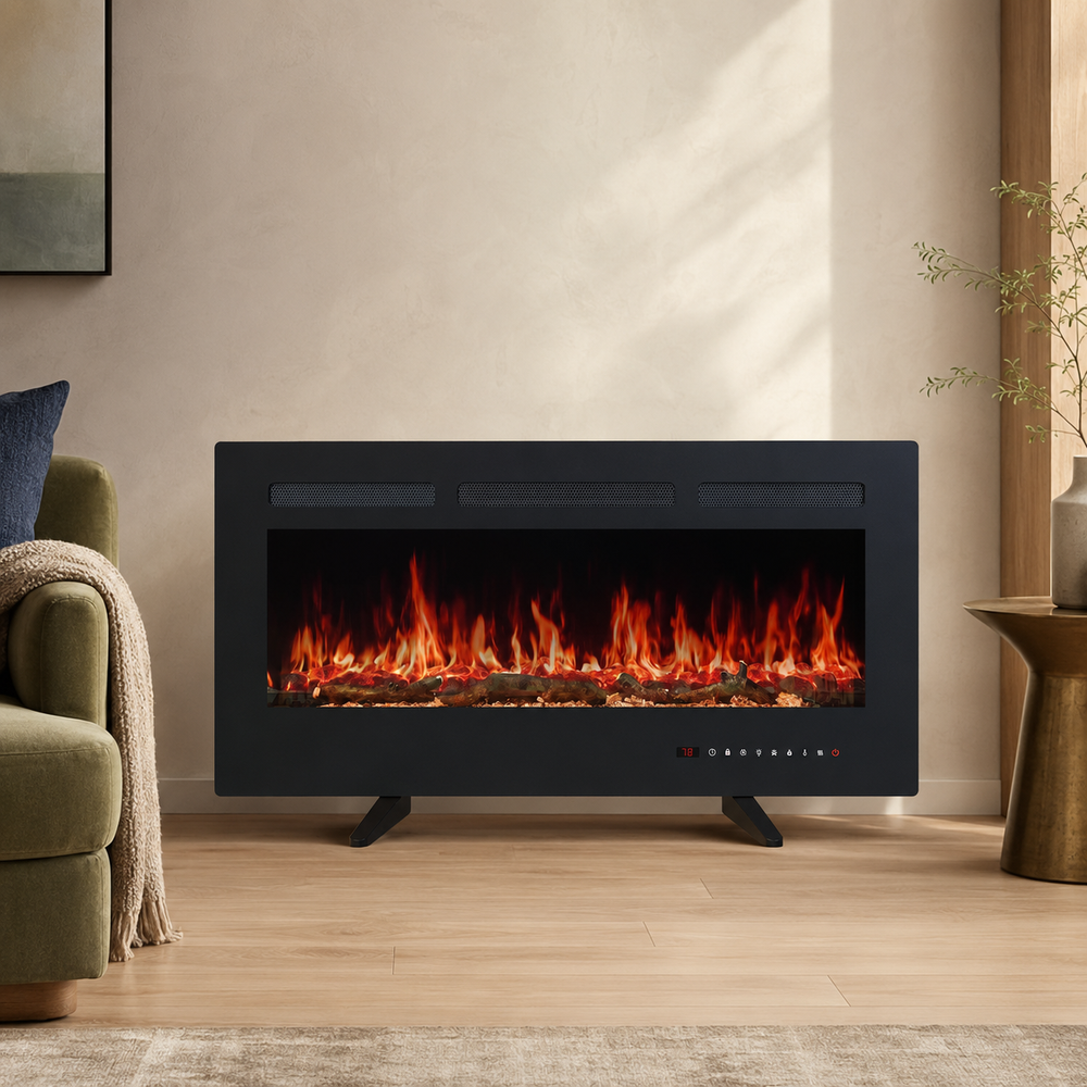 42-inch electric fireplace heater in a refined cream and oak living room