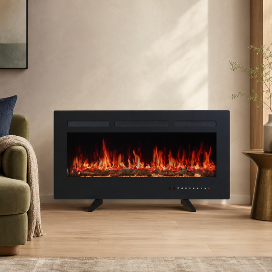 42-inch electric fireplace heater in a refined cream and oak living room