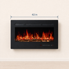 Width guide showing the wall-mounted electric fireplace measures 42 inches