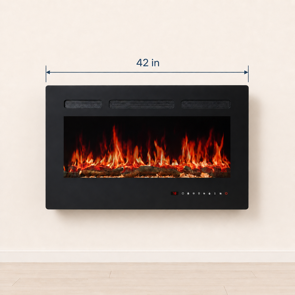 Width guide showing the wall-mounted electric fireplace measures 42 inches