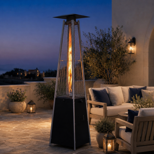 48,000 BTU black pyramid propane patio heater on a refined outdoor terrace at dusk