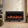 50-inch freestanding electric fireplace heater in a refined cream and oak living room