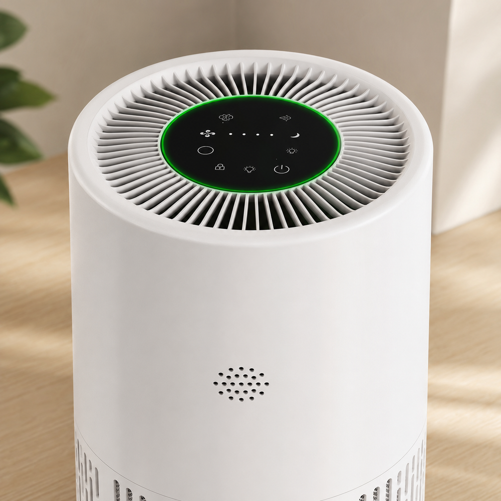 Close-up of the air purifier touch controls and top vent