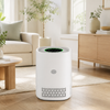 White HEPA air purifier in a bright refined living room