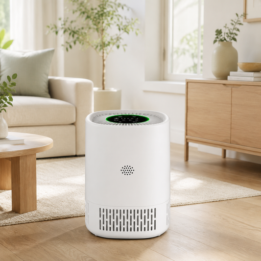 White HEPA air purifier in a bright refined living room