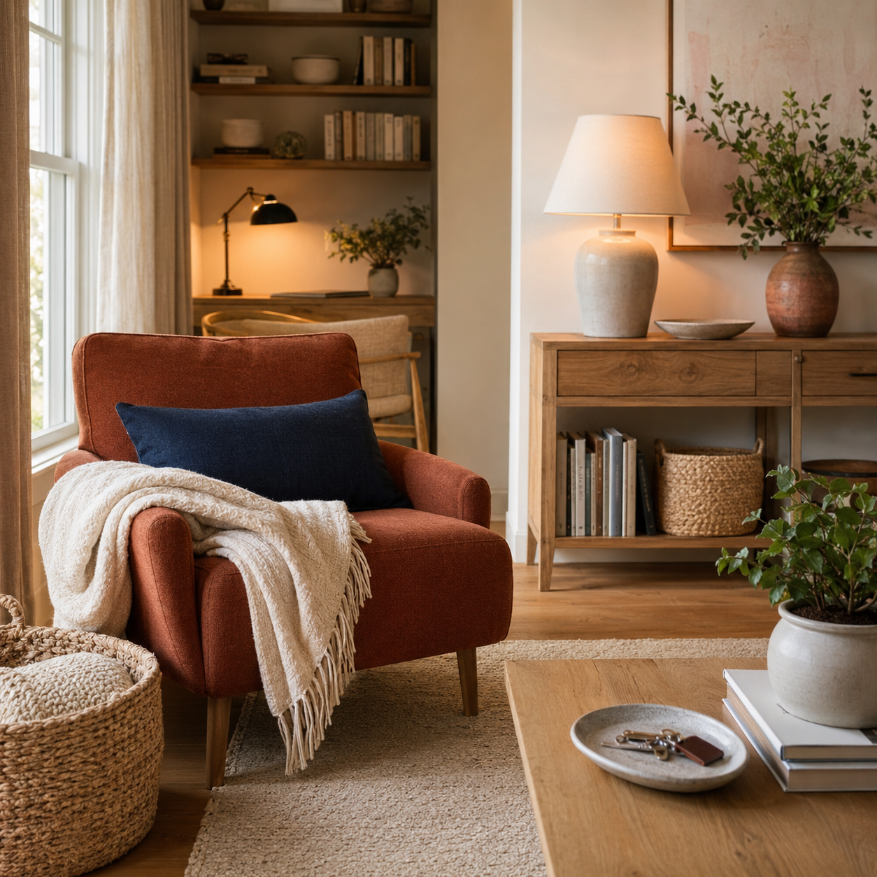 Cozy functional living room with a rust chair, navy pillow, cream throw, natural wood furniture, and woven storage