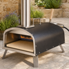 Dual-fuel pizza oven interior with stone deck and gas burner flame