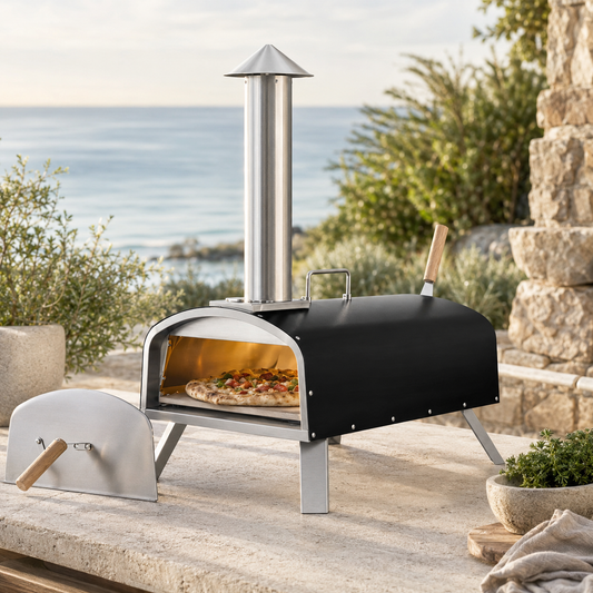 Portable 16-inch dual-fuel pizza oven cooking on a coastal patio
