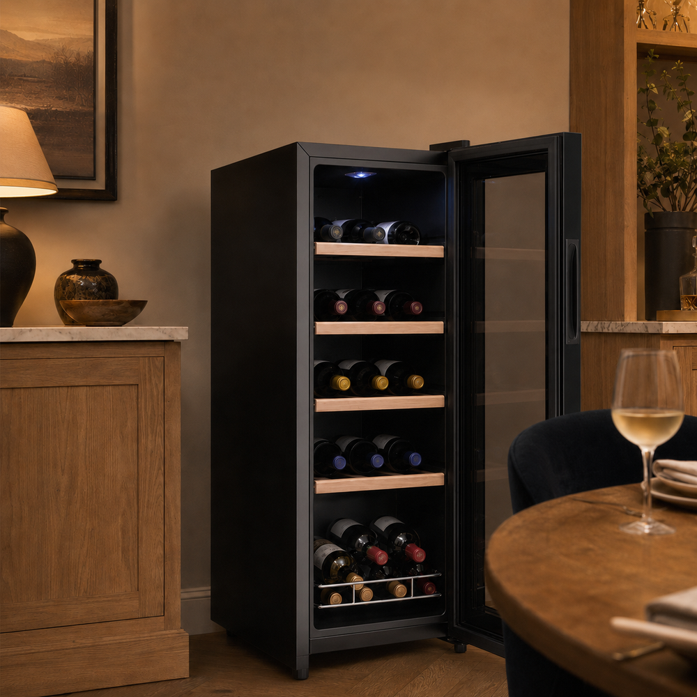 Open dual-zone wine refrigerator with four beech wood shelves in a dining room