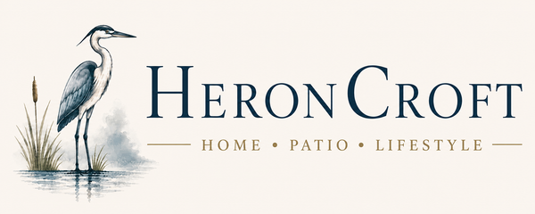 HeronCroft logo with watercolor heron and enlarged Home Patio Lifestyle lettering