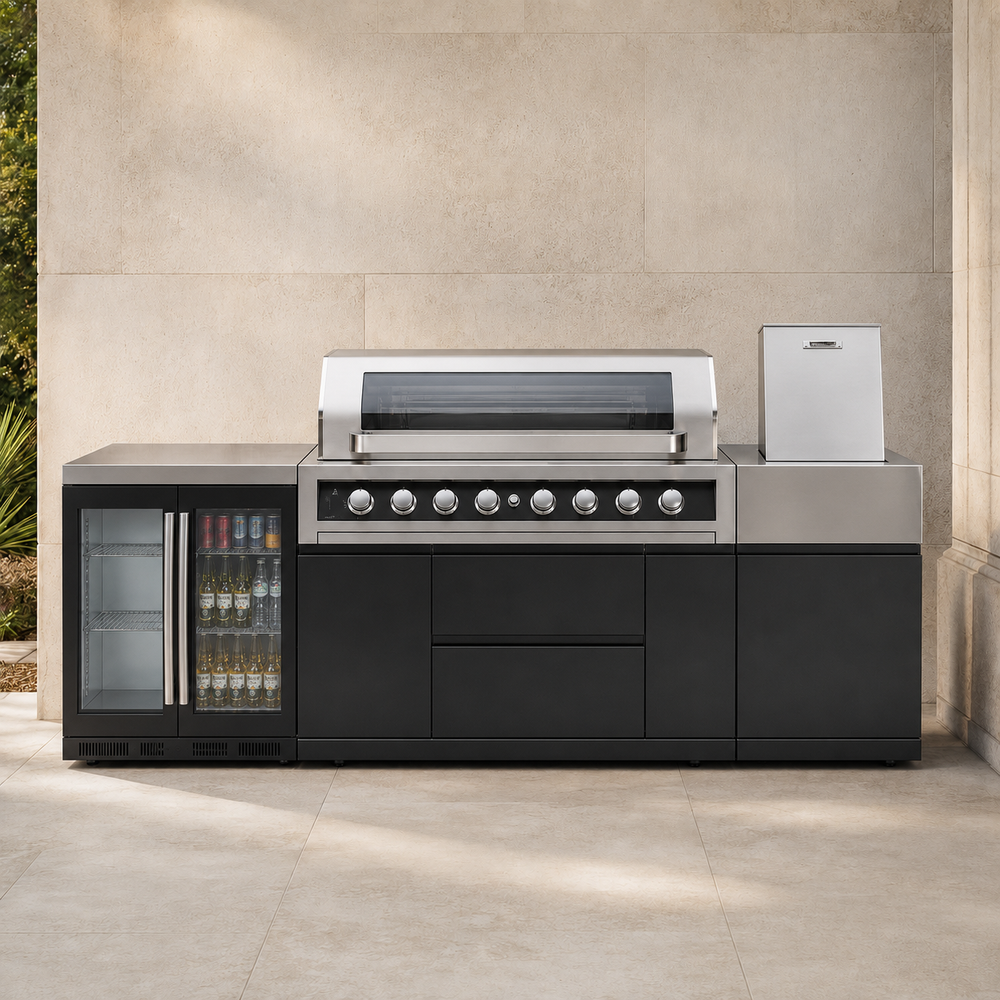 TerracePro black and stainless steel outdoor kitchen with dual-door cooler and eight-knob grill