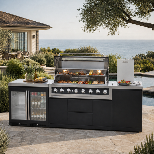 TerracePro modular outdoor kitchen with dual-door cooler, grill, and covered side burner on a coastal patio