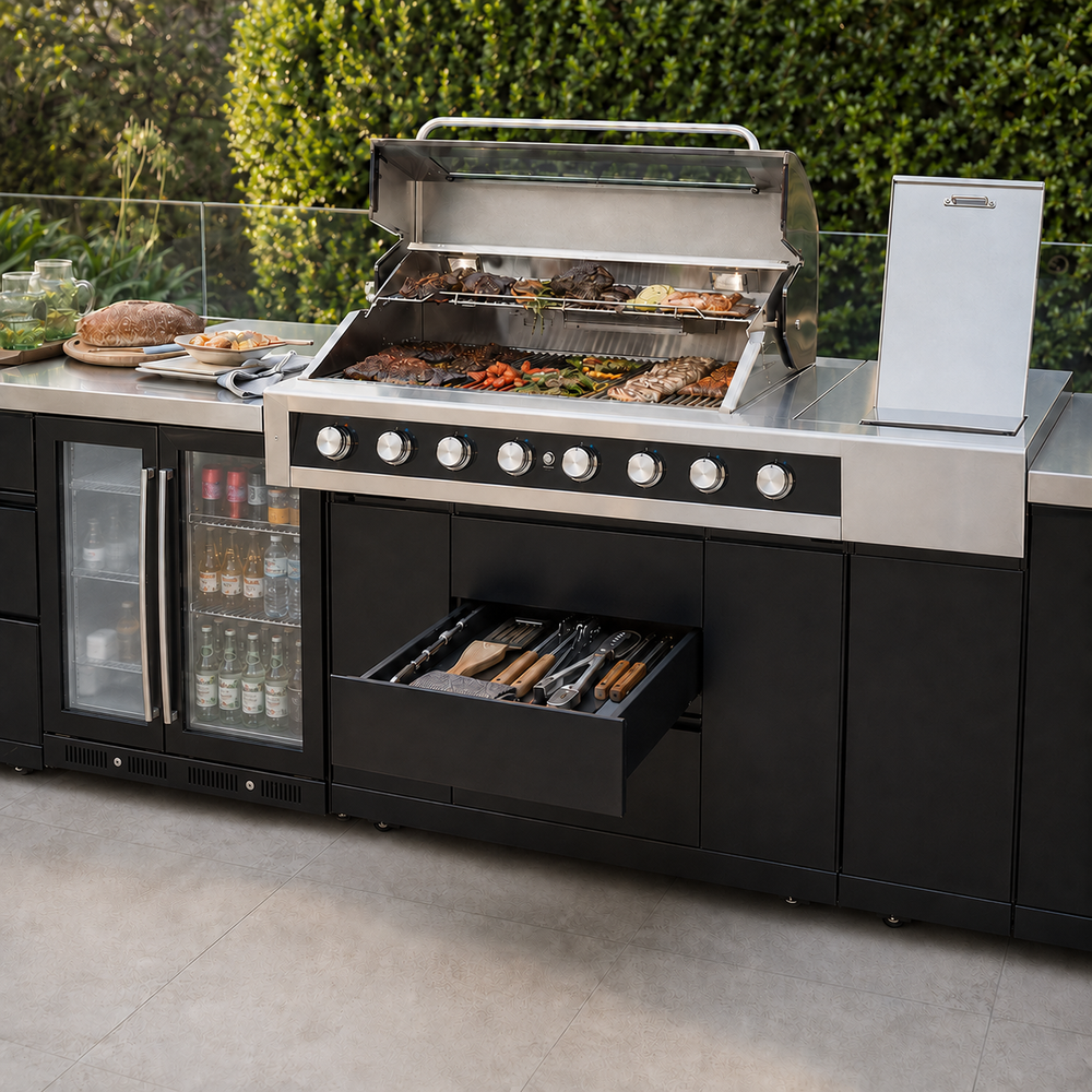 TerracePro outdoor kitchen storage detail with dual-door cooler and centered utensil drawer