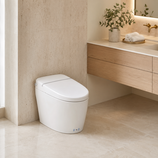 White one-piece smart toilet and bidet in a warm modern bathroom