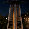 Quartz glass flame tube and protective cage on a pyramid propane patio heater