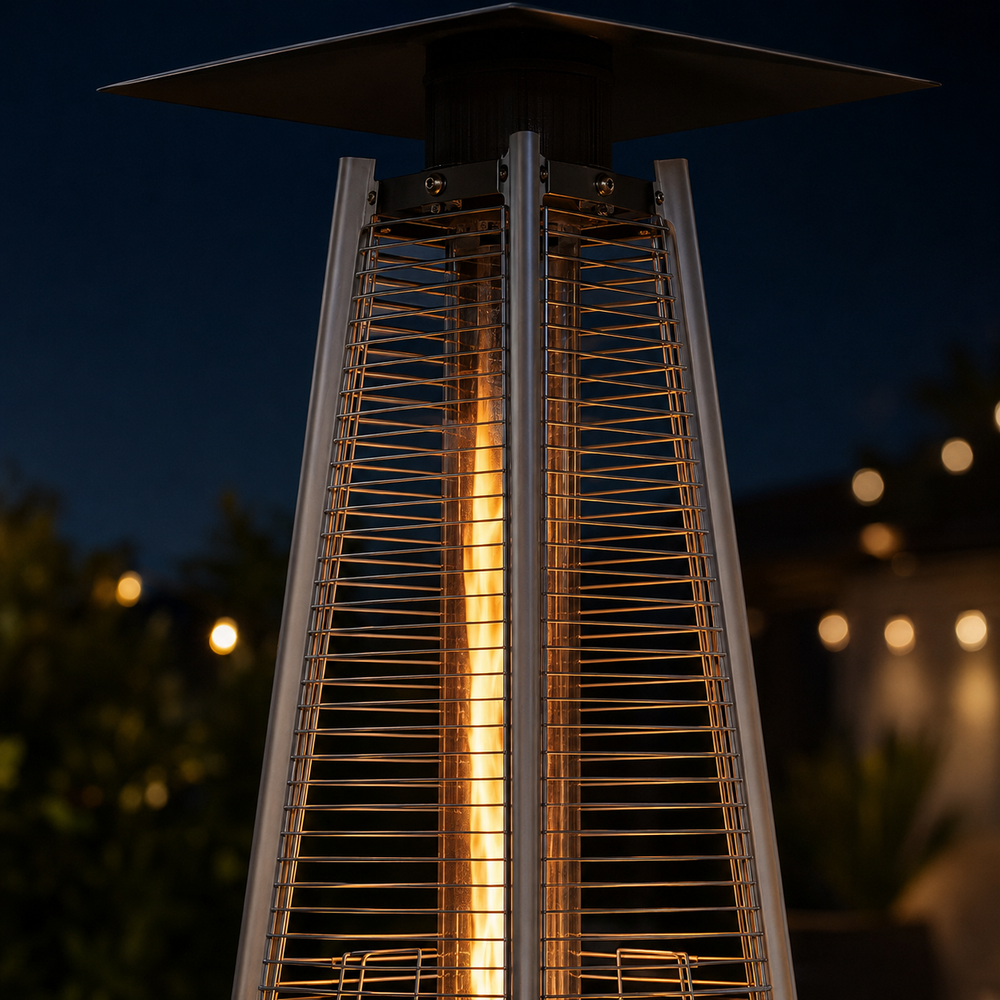 Quartz glass flame tube and protective cage on a pyramid propane patio heater