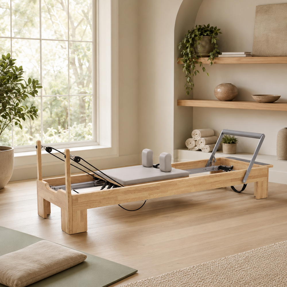 Natural wood Pilates reformer in a refined home wellness studio