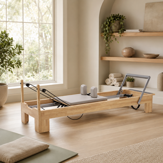 Natural wood Pilates reformer in a refined home wellness studio